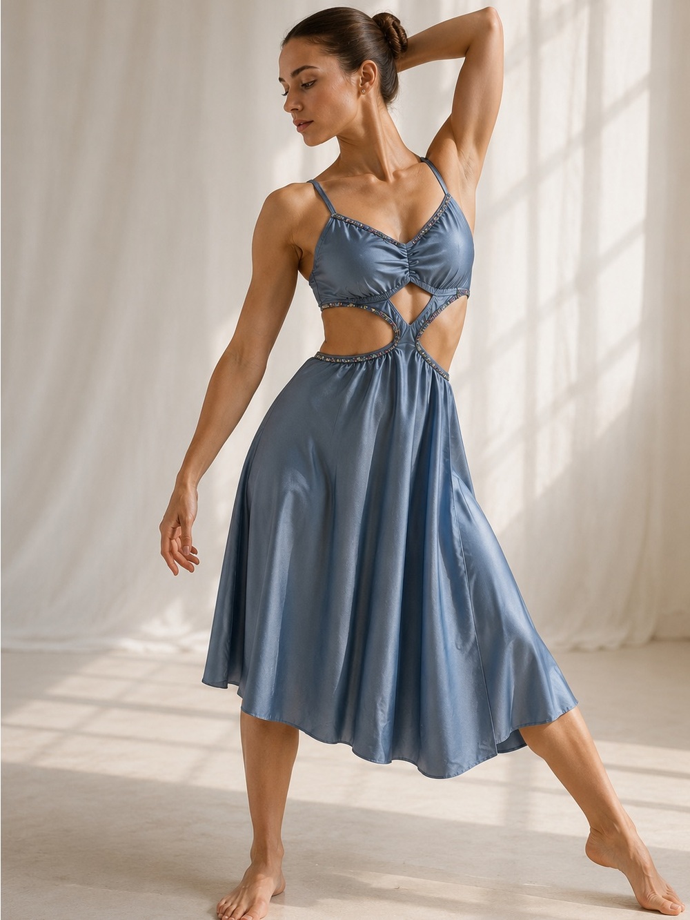 Kellé Dusty Blue Lyrical Dance Costume Rhinestone Cutout Dress Adult Small